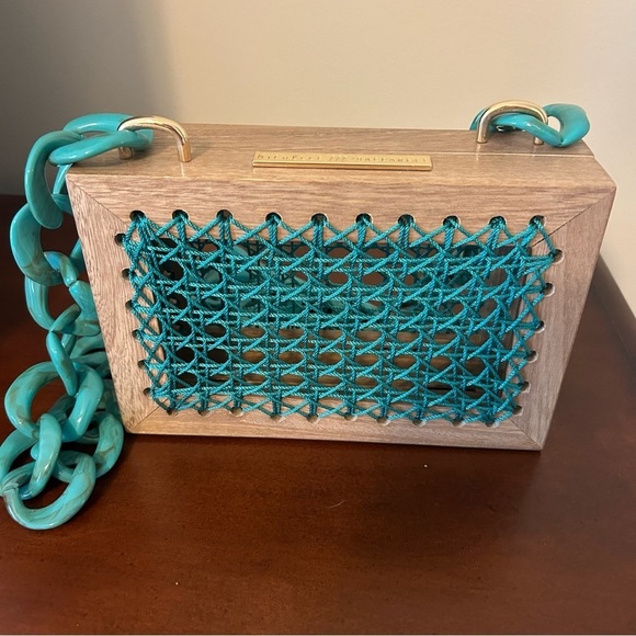 Maxi Rose Natural Acqua Wooden Mini Bag with Teal Acrylic Chain - Picture 5 of 6